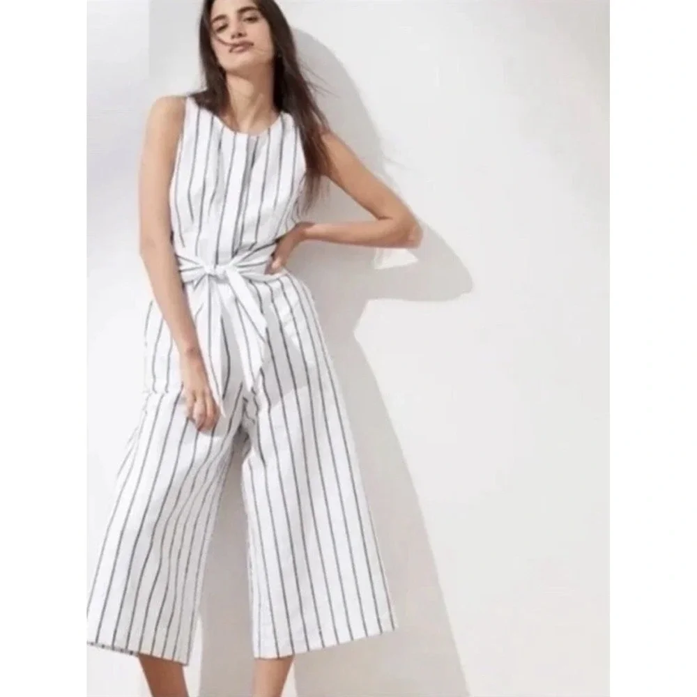 Banana Republic Linen Striped Wide Leg Sleeveless Jumpsuit Pockets Sz 2 L